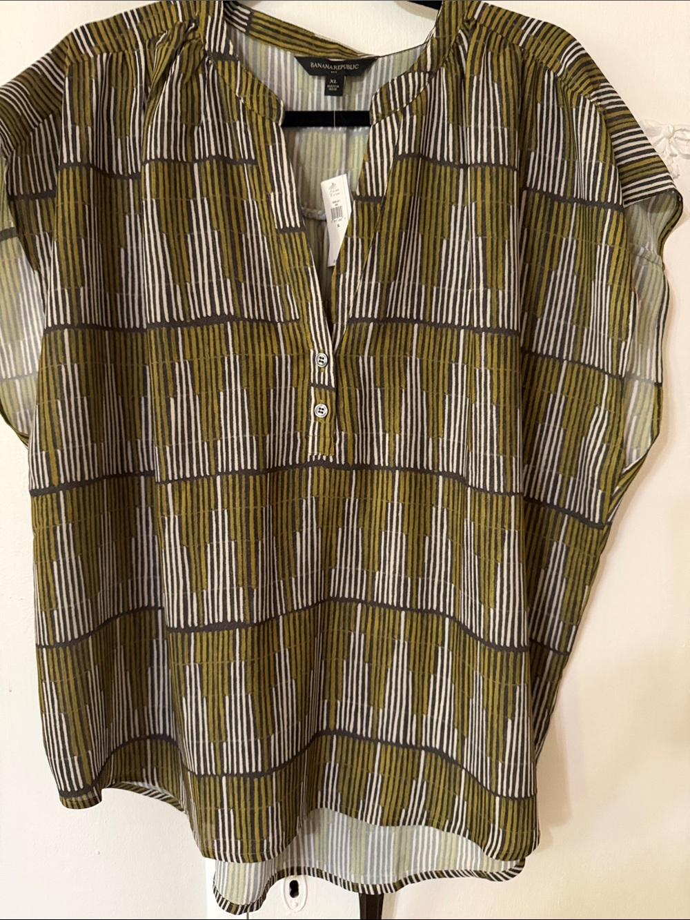 Banana Republic Olive and White Geometric Notch-Neck Blouse